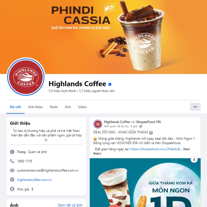 Ví dụ về fanpage của quán cà phê Highlands 